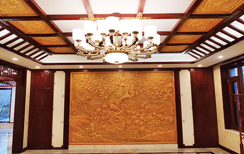 南宁中式别墅客厅中式木作横梁吊顶装饰展示